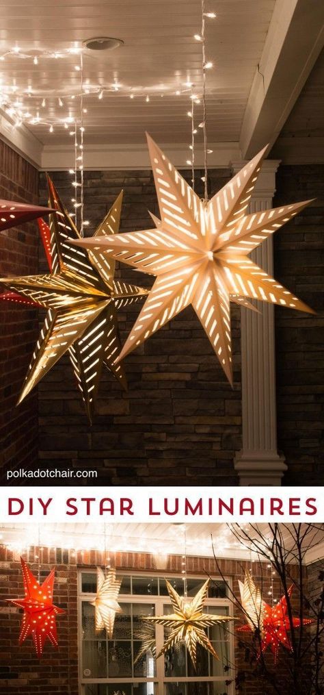 How to hang Star Luminaires on your front porch- what a clever idea for decorating your porch for Christmas Christmas Lights Decor Ideas, Hanging Star Lanterns, Christmas Lights Decor, Christmas Front Porch Decor, Christmas Lights Inside, Diy Christmas Star, Outdoor Christmas Diy, Diy Luminaire, Christmas Lights Outside