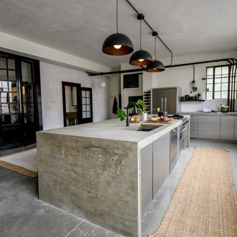 Concrete Kitchen Island Ideas, Restored By The Fords, Polished Concrete Kitchen, Cement Kitchen, Concrete Island, Concrete Kitchen Island, Concrete Outdoor Kitchen, Interior Design Kitchen Contemporary, White Concrete Countertops