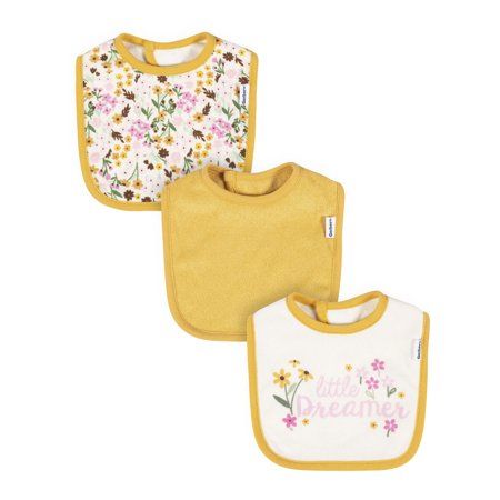 Royally cute. This adorable Three-Pack of Princess Bibs from Gerber is perfect for keeping your baby girls sweet face clean. These bibs, with floral art, are crafted in soft terry fabric thats gentle on babys skin and convenient for you to clean and care for. With easy on-off fasteners, these bibs make a great baby shower gift for her. Size: One Size.  Color: Yellow. Cute Pink Bib As Gift, Cheap Pink Cotton Bib, Pink Cotton Machine Washable Bib, Playful Cotton Bib, Machine Washable, Girls Bib, Baby Girl Bib, Gerber Baby, Girls Sweet, Terry Fabric