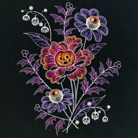 Is this machine embroidery design a bouquet, or a boo-quet? Stitch your way to a spooky mood with creepy flowers featuring eyeballs, skulls, and even a jack o' lantern. Contains sheer stitching throughout and black areas that are open to fabric. Use dark-colored fabrics for the most spooktacular results. Creepy Embroidery, Creepy Flowers, Halloween Bouquet, Spooky Embroidery, Freestanding Lace Embroidery, Tattoo Reference, Holiday Flower, Applique Embroidery Designs, Halloween Animals