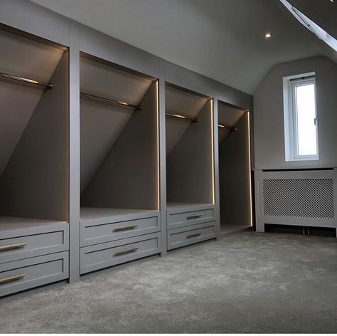 Loft Conversion Dressing Room, Attic Space Ideas, Loft Conversion Bedroom, Attic Wardrobe, Attic Bedroom Storage, Bedroom Built In Wardrobe, Attic Closet, Attic Bedroom Designs, Loft Storage