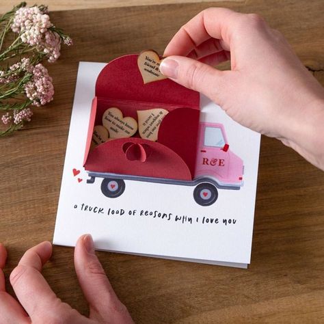 Delight your loved one with a truckload of love with our unique Valentine's Card—a cute and quirky keepsake that lets you express all the meaningful things you love most about them.The card features a charming truck design with the back of the truck formed by a paper envelope. Inside this envelope, wooden love hearts are neatly folded, each carrying a personalised message. You can personalise the hearts with up to 4 meaningful reasons, reminding your loved one why they mean so much to you.