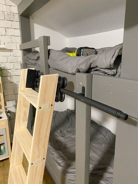 DIY - Bunk Bed Library Ladder | Dreaming of Homemaking Loft Bed Ladder, Ladder For Bunk Bed, Diy Ladder For Bunk Bed, Diy Bunk Bed Ladder, How To Make A Ladder For Bunk Bed, Rv Bunk Bed Ladder Diy, Bunk Bed Ladder Ideas, Rv Bunk Ladder, Small Room Inspo