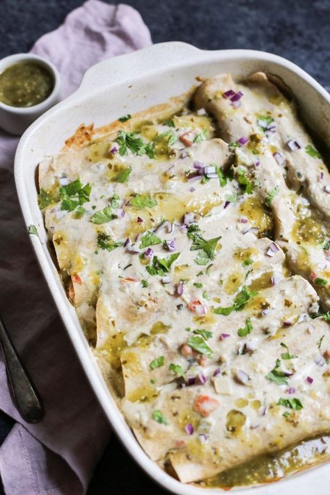 Paleo Enchiladas Suizas Shredded Chicken Paleo Recipes, Paleo Green Chicken Enchiladas, Paleo Chicken Enchiladas Recipes, Defined Dish Enchilada, Gf Df Enchiladas, Crockpot Meals Paleo, Paleo Enchilada Casserole, Whole 30 Chicken Enchiladas, Aip Enchiladas