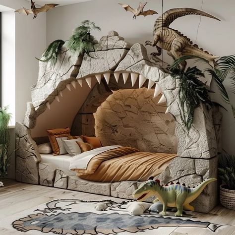 Jurassic Dreamland Bed - Design Swan Dinosaur Bed, Dinosaur Theme Room, Dinosaur Kids Room, Dinosaur Bedding, Dinosaur Bedroom, Dinosaur Room, Modern Kids Room, Boy Bedroom Design