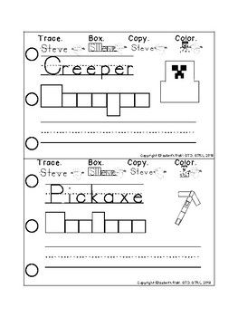 TRACE, COPY, BOX and COLOR to practice handwriting with MINECRAFT CHARACTERS / OBJECTS! There are TWO different ways to use these 10 handwriting cards! You can make a handwriting workbook (pages 4 – 8) or handwriting task box (pages 9 - 13 ). Just as a reminder, they are the SAME task cards but in TWO different formats. Minecraft Handwriting Practice, Minecraft School Activities, Minecraft Worksheets, Senior Kindergarten, Minecraft Activities, Minecraft School, Minecraft Challenges, Learning Alphabet, Practice Handwriting