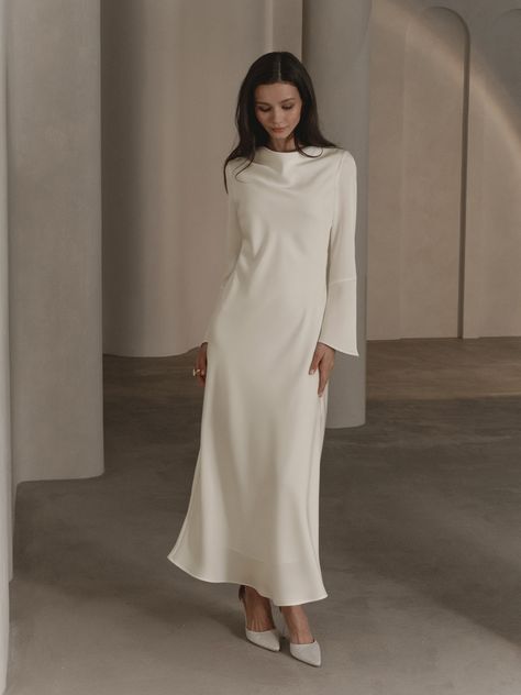 Maxi dress with flared cuffs :: LICHI - Online fashion store Long Sleeve Maternity Dress, Classic White Dress, Temple Dress, Rehearsal Dinner Dresses, White Long Sleeve Dress, Online Fashion Store, Dress Long Sleeve, Brown Dress, Unique Dresses