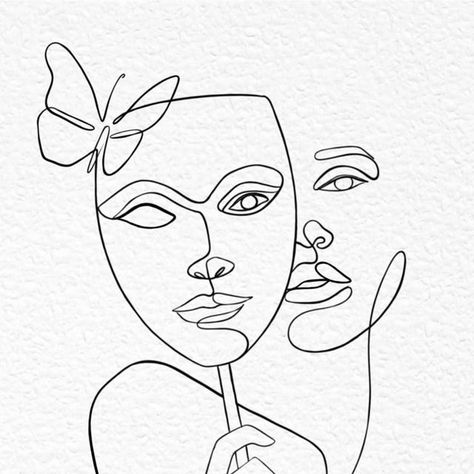 LINEIN_ONELINEART | IDN 🇮🇩 on Instagram: "Woman and a mask" One Line Tattoo Face, Mask Tattoos For Women, Drama Masks Tattoo, Two Faces Tattoo, Head Outline Tattoo, Tattoo Woman Face, Masks Tattoo, Makeup Artist Cards, Outline Painting