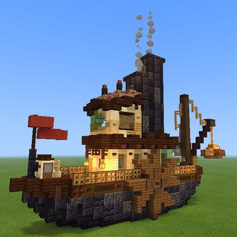 Blaze on Instagram: “Today’s post is s steamboat shop “Wares on the Water” . It features a flag, crates, a crane, smokestacks, copper patches, and more... .…” Minecraft Crane, Minecraft Kingdom, Minecraft Steampunk, Minecraft Statues, Minecraft Decoration, Minecraft Structures, Bangunan Minecraft, Steampunk House, Minecraft Cottage