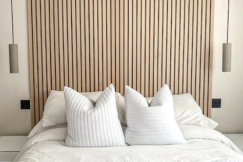 Panelling Ideas, Wood Panelling, Bedroom Addition, Feature Wall Bedroom, Wall Panels Bedroom, Wood Slat Wall, Slatted Headboard, Headboard Wall, Wall Panelling