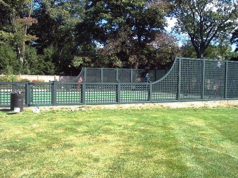 Cedar Lattice - Salem Fence Co., Inc. Tennis Court Fencing, Tennis Court Fence Ideas, Tennis Court Fence, Fencing Aesthetic, Tennis Court Backyard, Tennis Court Design, Backyard Sports, Private Tennis Court, Sports Court