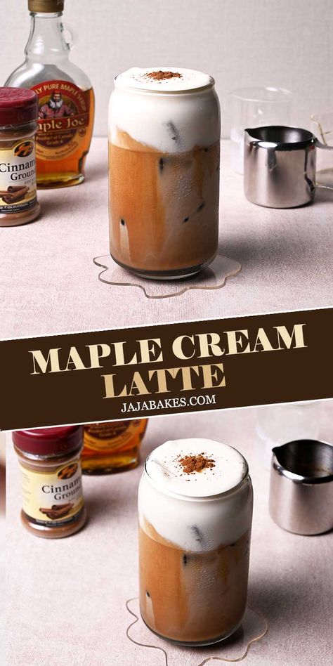 Maple Cream Latte is a delicious coffee latte topped with a thick layer of maple whipped cream and a dash of cinnamon powder. Sip together a mix of coffee latte and maple cream with every taste. Maple Cream Coffee, Pretty Iced Coffee, Coffee Flavor Recipes, White Coffee Recipes, Maple Iced Coffee, Yummy Coffee Drinks, Nutella Cream Latte Recipe, Maple Coffee Drinks, Maple Coffee Recipes