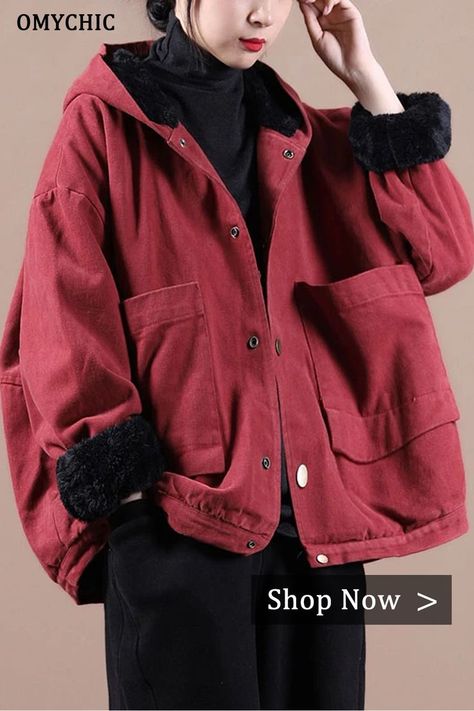 Art Red Hooded Pockets Warm Fleece Coat Winter Woolen Coat Winter, High Design, Winter Fabric, Coat Winter, Comfortable Room, Linen Maxi Dress, Woolen Coat, Fleece Coat, Woman Fashion