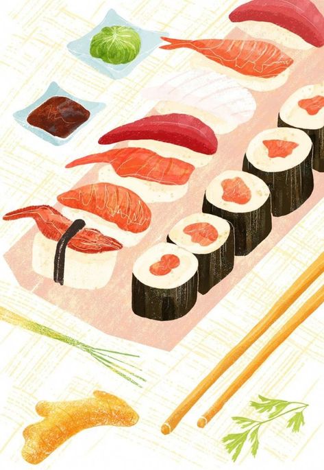 Journaling Illustration, Sushi Wallpaper, Cooking Chicken Breast, Sushi Drawing, Calendar Illustration, Kitchen Illustration, Nature Journaling, Design Thinking Process, 귀여운 음식 그림