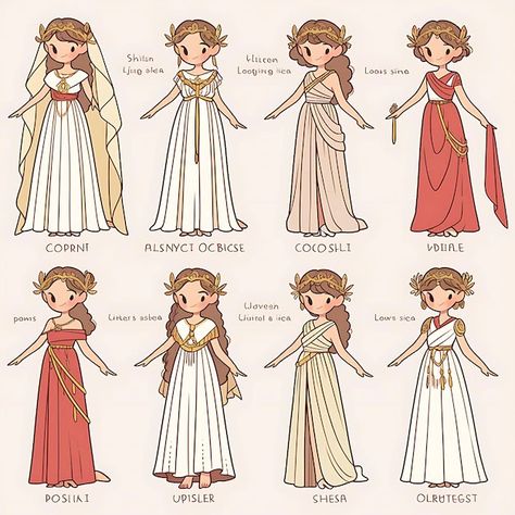 Goddess Outfit Drawing Reference, Greek Mythology Clothes Drawing, Norse Mythology Outfit, Greek Goddess Clothes Drawing, Ancient Greece Concept Art, Greek Outfit Design, Greek Mythology Costumes Diy, Roman Empress Aesthetic, Greek Clothing Drawing