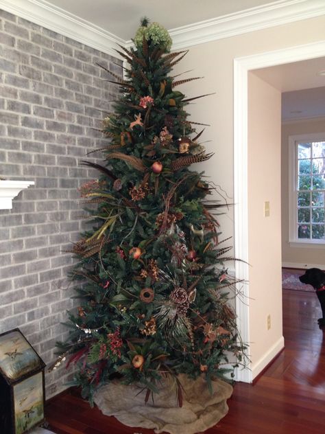 pheasant feather CHristmas tree from my husband's South Dakota hunt 2012 Christmas Tree With Pheasant Feathers, Christmas Tree Ideas Feathers, Hunting Lodge Christmas Tree, Hunters Christmas Tree, Pheasant Feather Christmas Tree, Christmas Trees With Feathers, Duck Hunting Christmas Tree, Pheasant Christmas Tree, Wildlife Christmas Tree Ideas