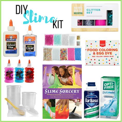 DIY Slime Kit & Marshmallow Fluff Slime Recipe | Livin' the Mommy Life Make Your Own Slime Kit, Diy Slime Kit Gift Basket, Slime Gift Basket Ideas, Slime Kit Diy, Squish Mellow Party, Diy Slime For Kids, Slime Station, Fluff Slime, Gifts For Cousins