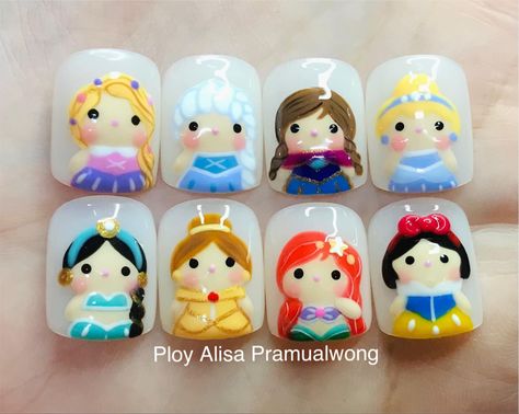 Cute Character Nail Art, Princess Disney Nails, Disney Princess Nail Art, Princess Nail Art, Disney Princess Nails, Neutral Nail Art, Disney Inspired Nails, Disney Acrylic Nails, Kids Nail Designs