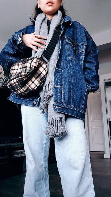 How To Wear Denim Jacket, Thrifted Jeans, Dark Blue Denim Jacket, Talk A Lot, Scarf Outfit, Fleece Leggings, Vintage Denim Jacket, Thermal Shirt, U Can