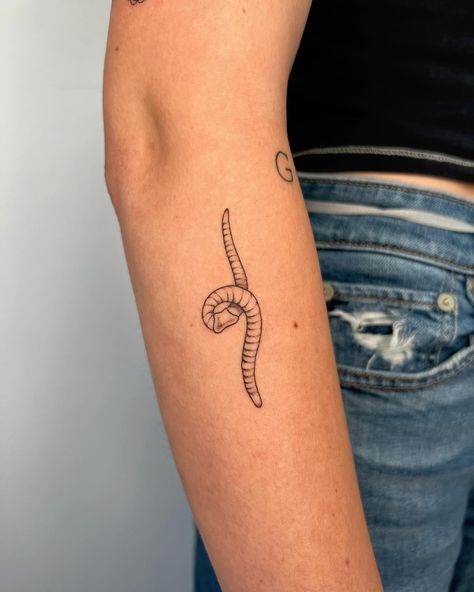 woim 🔖 worm tattoo, fineline tattoo, #idahofallstattoo #pocatellotattoo #rexburgtattoo #twinfallstattoo #boisetattoo Worm Tattoo Ideas, Earth Worm Tattoo, Earthworm Tattoo, Paperclip Tattoo, Bsf Tattoos, Worm Tattoo, Ankle Tats, Ink Poisoning, Ankle Tat