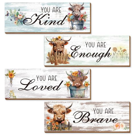 PRICES MAY VARY. The package include 4PCS different wooden highland cow wall art decor with spiritual healing quotes. The size of each wall art is about 11.4 x 3.9 x 0.2 inches(29 x 10 x 0.5 CM). No matter how harsh the environment, highland cow can live a tenacious life and maintain an optimistic and positive attitude. Flowers symbolize hope and warmth after experiencing hardships. No wonder it is loved by children, young people and adults. Since this mental health highland cow bathroom decor i Highland Cow Office Decor, Highland Cow Quotes, Highland Cow Classroom Decor, Cow Bathroom Decor, Highland Cow Bathroom, Spiritual Healing Quotes, Highland Cow Decor, Cow Bathroom, Highland Cow Wall Art