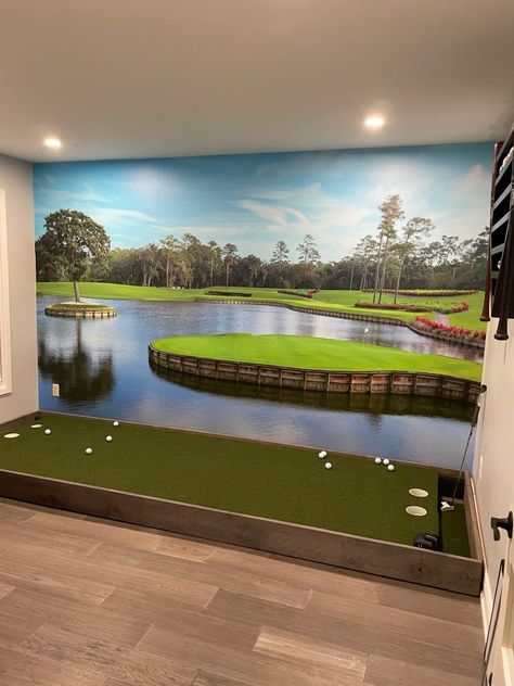 Racing Man Cave Ideas, Golf Course Wall Mural, Golf Inspired Bedroom, Golf Themed Basement, Golf Room Decor Interior Design, Golf Clubhouse Decor, Golf Mural Wall, Man Cave Mural, Golf Wallpaper Aesthetic