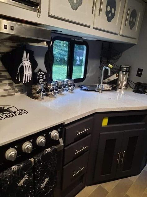 Black And White Goth Kitchen, Goth Kitchen Cabinets, Gothic Rv Decor, Small Goth Kitchen, Gothic Trailer Home, Gothic Camper Interior, Goth Trailer Home, Goth Mobile Home, Goth Rv Interior