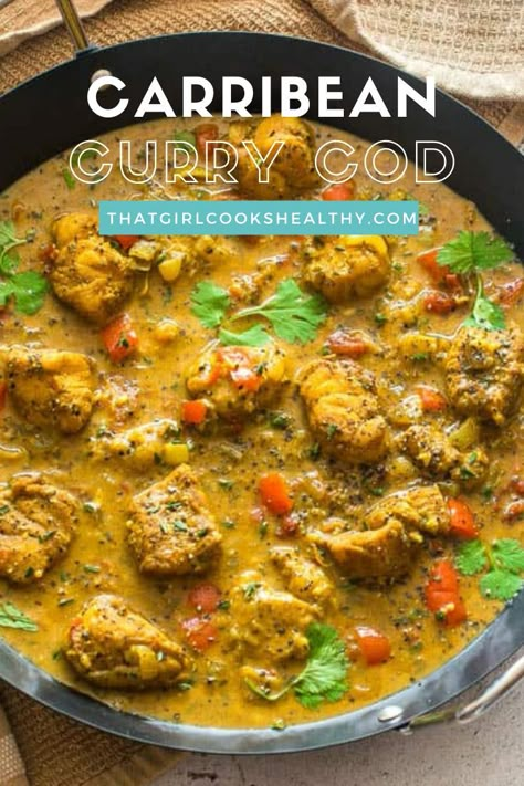 Caribbean Curry Cod in a frying pan. Vegan Jamaican, Caribbean Dishes, Cod Fish Recipes, Cod Recipe, Jamaican Cuisine, Jamaican Dishes, Tropical Food, Jamaican Food, Gluten And Dairy Free