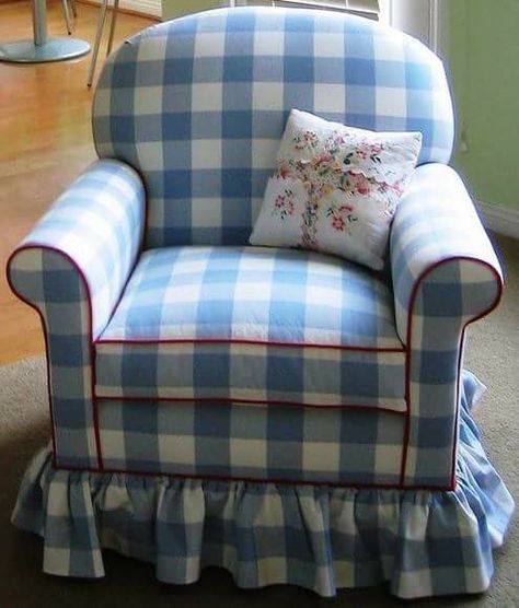 Contrast Piping Upholstery, Gingham Furniture, Gingham Couch, Gingham Chair, Helsinki Travel, Slipcovered Chair, Blue Cottage, Bedroom Bliss, Upholstered Chair