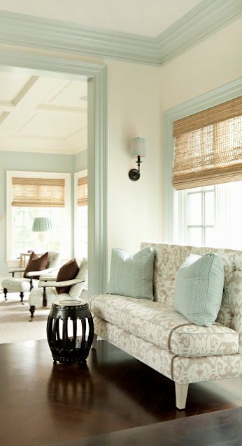 White walls, blue trim...love this paint scheme White Room Colored Trim, White Wall Painted Trim, Painted Wood Trim Ideas, White Walls Colored Trim Living Room, Turquoise Trim Interior Design, White Wall With Colored Trim, Color Painted Trim Interior, Painted Interior Trim Colors, Colored Trim Living Room