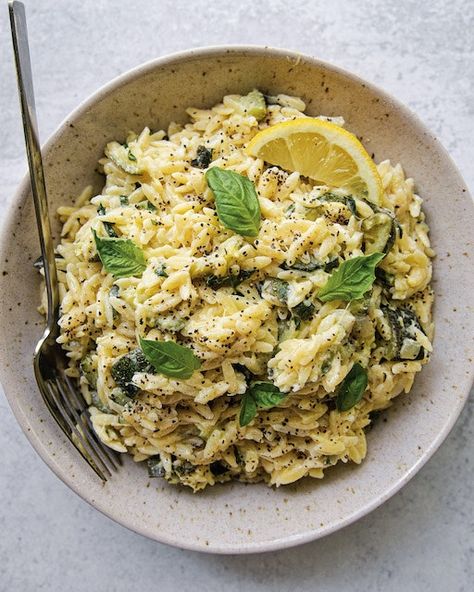 Lemon Goat Cheese Orzo, Goat Cheese Orzo, Caramelized Zucchini, Cheese Orzo, Lemon Goat Cheese, Orzo Dishes, Creamy Orzo, Goat Cheese Pasta, Goat Cheese Recipes