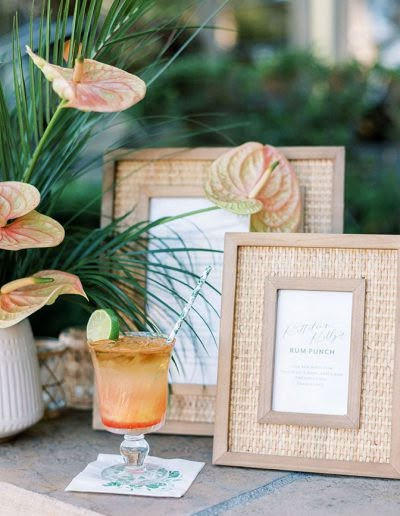 Tropical Rehearsal Dinner, Wedding Signature Cocktails, Bridal Shower Signage, Wicker Texture, Diy Beach Wedding, Signature Cocktails Wedding, Florida Keys Wedding, Cocktail Hour Wedding, Wedding Stage Design