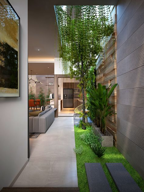 4 Homes That Feature Green Spaces Inside, With Courtyards & Terrariums Courtyard In Living Room, Inside Home Garden, Innercourt Garden, Living Room With Courtyard, Indoor Garden House, Entryway Courtyard, Interior Garden Design, Interior Gardens, Interior Garden Design Home