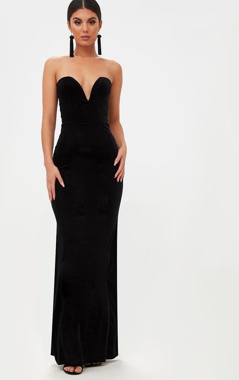 Black Strapless V Plunge Maxi Dress Black Strapless Fitted Mermaid Dress, Black Fitted Pre-draped Evening Dress, Black Velvet Dress Long Strapless, Black Ribbed Evening Dress, Black Strapless Floor-length Dress For Night Out, Plunge Maxi Dress, Flowy Dress Long, Deep V Dress, V Dress