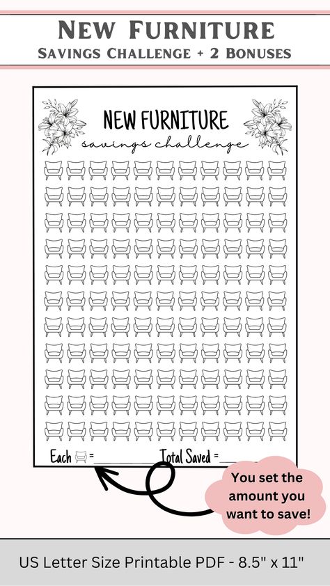 Furniture Savings Challenge, Money Smart, Savings Challenge Printable, Saving Challenges, Money Hacks, Money Challenge, Budgeting Finances, Smart Money, Savings Challenge