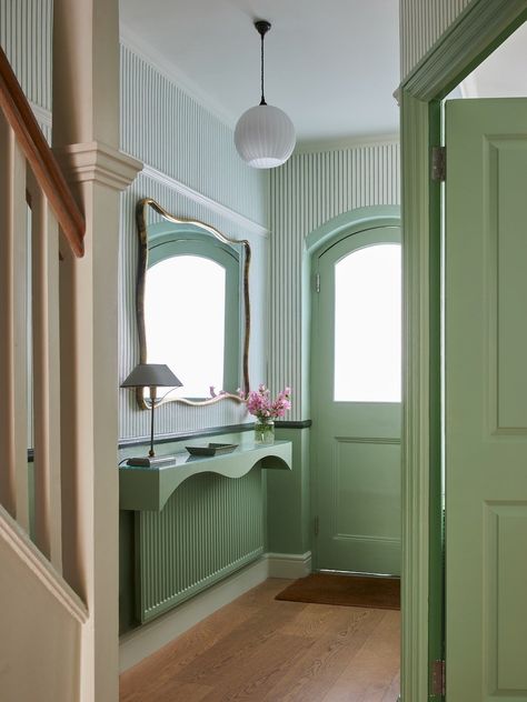 Blue Hallway Ideas, Dado Rail Hallway, Hallway Wallpaper Ideas, Small Hallway Decor, Breakfast Room Green, Blue Hallway, Half Painted Walls, Narrow Hallways, Hallway Paint