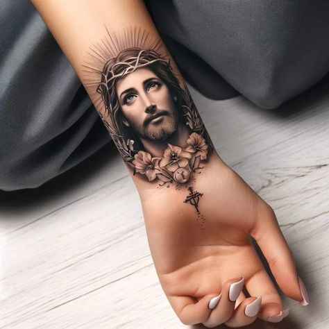 Jesus Tattoo For Women, Tattoo Jesus Cristo, Jesus Tattoo Ideas, Word Tattoo Ideas, Wrist Tattoo Designs, Wrist Tattoo Ideas, Mary Tattoo, Ankle Tattoos For Women, Word Tattoo