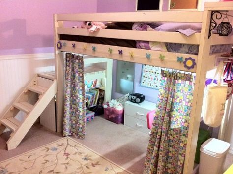 Definitely a curtain and storage under the platform Under Loft Bed, Bunk Bed Curtains, Loft Bed Curtains, Loft Bed Ideas, Girls Loft Bed, Curtains Luxury, White Loft Bed, A Loft Bed, Diy Loft Bed