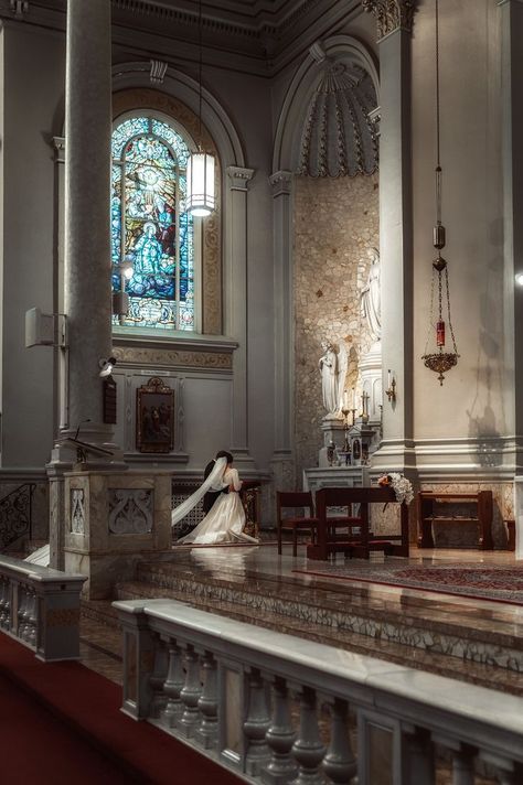 Traditional Marriage Aesthetic, Wedding Ideas Catholic, Catholic Church Wedding Aesthetic, Catholic Wedding Ring, Little Church Wedding, Marriage Alter, Catholic Wedding Reception, Traditional Catholic Wedding Dress, Small Catholic Wedding