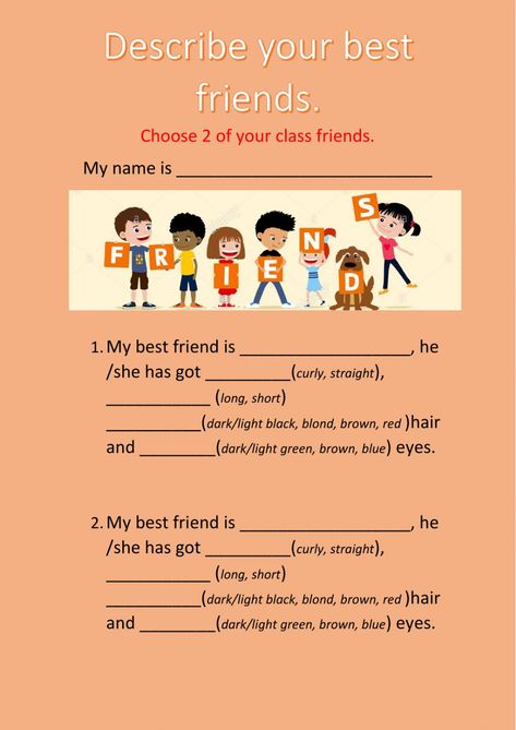 your best friend worksheet About My Friend Worksheet, My Best Friend Worksheet, Friends Worksheet, Family Worksheet, Friend Activities, Afterschool Activities, Speak English, Teacher Teacher, English Book