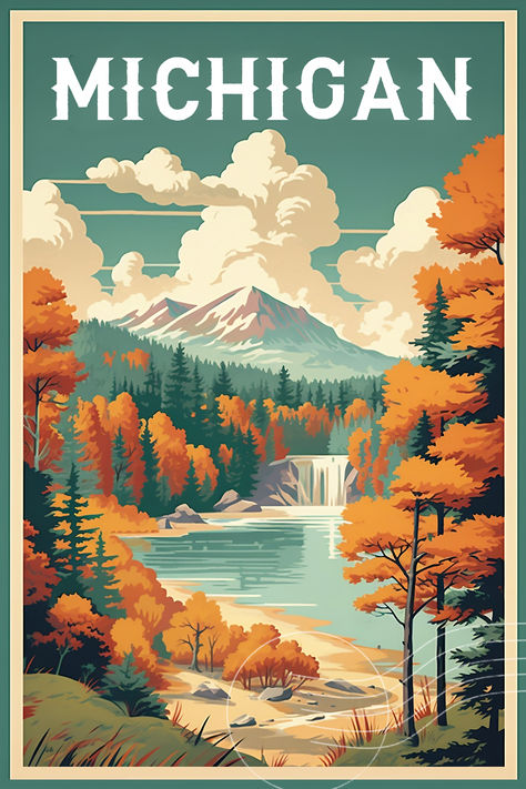 Vintage Michigan Posters, Up North Michigan Aesthetic, Vector Travel Poster, Michigan Wallpaper, Michigan Aesthetic, Places To Visit In Michigan, Michigan Poster, Midwest Region, Michigan Art