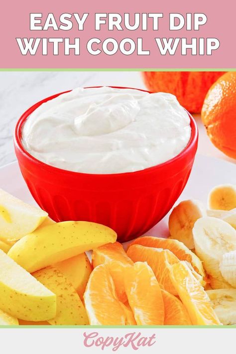 This creamy fruit dip is sure to be a favorite! It's a tasty dip made with Cool Whip, sour cream, brown sugar, and vanilla. Get the super easy recipe and find out how to make Cool Whip fruit dip for a delicious appetizer, dessert for parties, or after school snack for kids. Fruit Dip With Cool Whip And Yogurt, Fruit Salad Dip Cool Whip, Recipe Fruit Dip, Ww Fruit Dip Weight Watcher Recipes, Easy Fruit Dip With Cool Whip, Fruit Dip With Sour Cream, Recipe For Fruit Dip, Fruit Dip Without Cream Cheese, Fruit Dip With Cool Whip