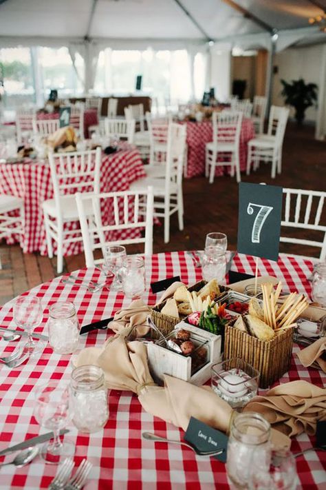 Picnic Tablecloths for a wedding reception?! Yes! A lovely idea for an outdoor summer wedding on the farm. The centerpieces aren't flowers but are picnic condiments and snacks. | outdoor wedding ideas | casual wedding receptions | #weddinginspiration Wedding Summer Ideas, Picnic Centerpieces, Wedding Reception Cocktail Hour, Outdoor Wedding Centerpieces, Food Centerpieces, Edible Centerpieces, Diy Outdoor Weddings, Centerpieces Ideas, Instead Of Flowers