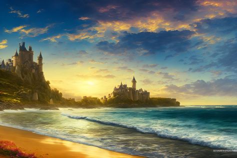 Wonderful medieval castle on a beach, dramatic clo | Deep Dream Generator Beach Kingdom Fantasy Art, Beach Castle, Dramatic Sunset, Art Thomas, Sky With Clouds, Erin Hanson, Window Projects, Award Winning Photography, Base Image