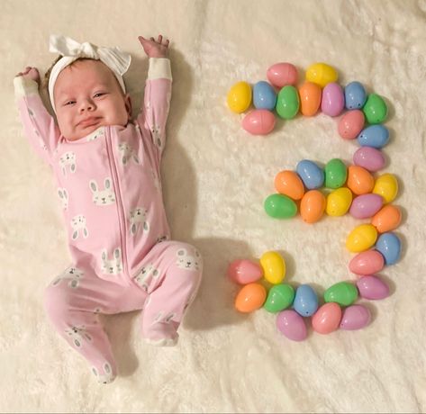 Cute Infant Easter Pictures, Spring Monthly Photo, Easter Diy Pictures Baby, Infant Easter Photo Ideas, April Baby Pictures Ideas, 1st Easter Photoshoot, Two Month Photoshoot, 3 Month Old Easter Pictures, Easter Monthly Pictures