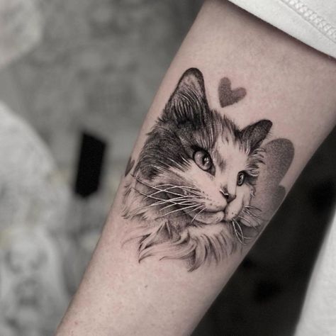 Small Cat Tattoo, Cat Lover Tattoo, Cat And Dog Tattoo, Cat Portrait Tattoos, Tatoo 3d, Revelation Tattoo, Cat Tattoo Ideas, Cat Tattoo Design, Tattoo Design Tattoo