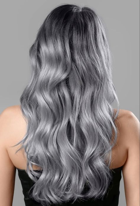 White Hair Ideas Dyed, Steel Hair Color, Metallic Grey Hair, Smoky Grey Hair, Pelo Color Ceniza, Grey Long Hair, Gray Hair Short, Dark Silver Hair, Gray Hair Dye