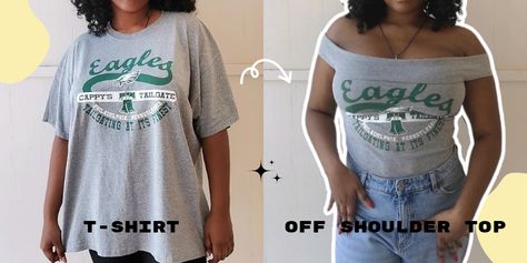 Sew along tutorial for how make an off shoulder top from a t shirt. No sewing pattern needed for this tutorial. #thriftflip #upcycledfashion #upcycling #recycledclothes T Shirt To Off The Shoulder Diy, Upcycle Big T Shirts, How To Sew Off Shoulder Top, How To Make Off The Shoulder Tshirt, Diy Shirt No Sew, Diy Off The Shoulder Shirt, Sew Off Shoulder Top, Off The Shoulder Top Diy, Diy Off Shoulder Shirt