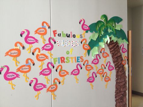 Flamingo Door Decorations Classroom, Flamingo Bulletin Board, Flamingo Classroom Theme, Flamingo Classroom, Teacher Goals, Kindergarten Classroom Themes, Tropical Classroom, Classroom Designs, Asd Classroom