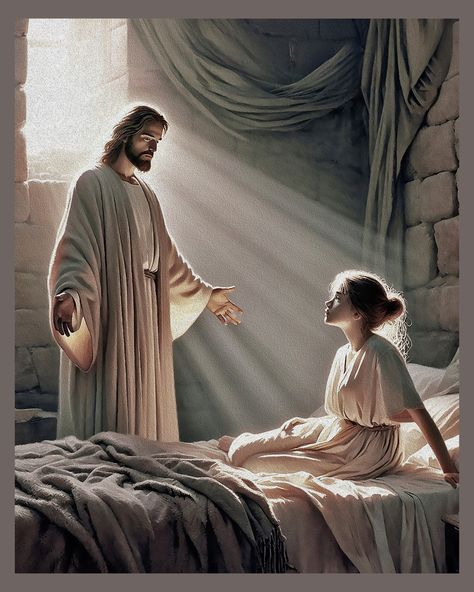 My latest poster from my Etsy shop Jesus visits Jairus daughter and raises her from the dead #christianart #jesusart #jairusdaughterart Catholic Art Jesus, Jairus Daughter, Jesus Christ Illustration, Christian Stories, Jesus Prints, Jesus Heals, Jesus Christ Art, Pictures Of Jesus Christ, Jupiter Fl